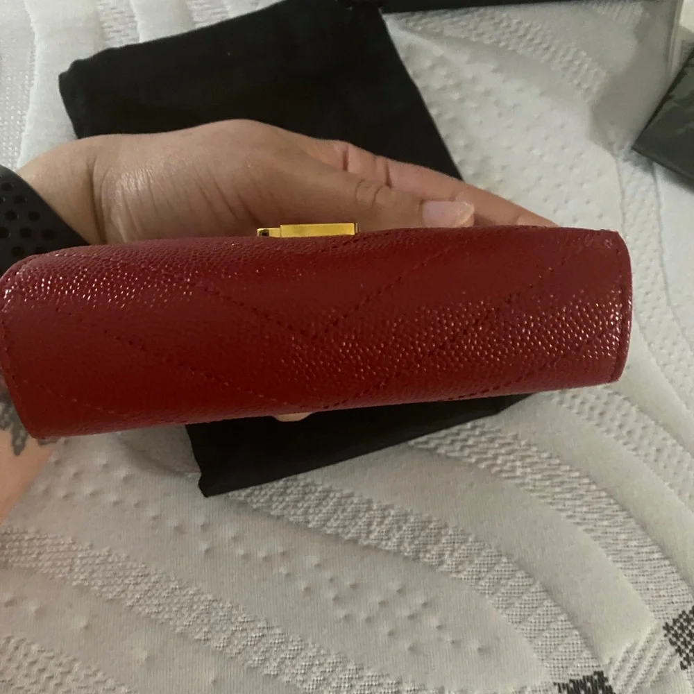 Yves Saint Laurent Red Quilted Zip Wallet with Gold YSL Logo